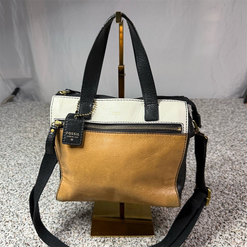 Fossil Satchel Crossbody Bag Womens Tan Cream Black Colorblock Zip Top
